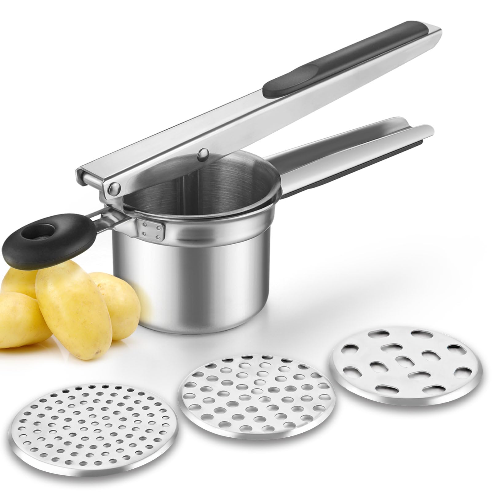 Willizter Potato Ricer, Stainless Steel Potato Ricer Fruit And Vegetables Masher Food Ricer Large Capacity With 3 Interchangeabl