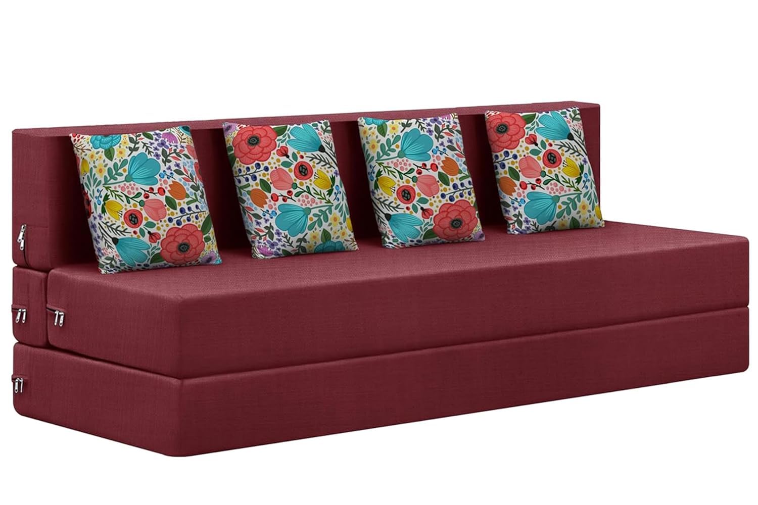 Rosebell Foldable Four Seater Sofa Cum Bed, Sofa Bed 6 X 6 Feet, Jute Fabric Washable Cover Including Four Printed Cushion Per