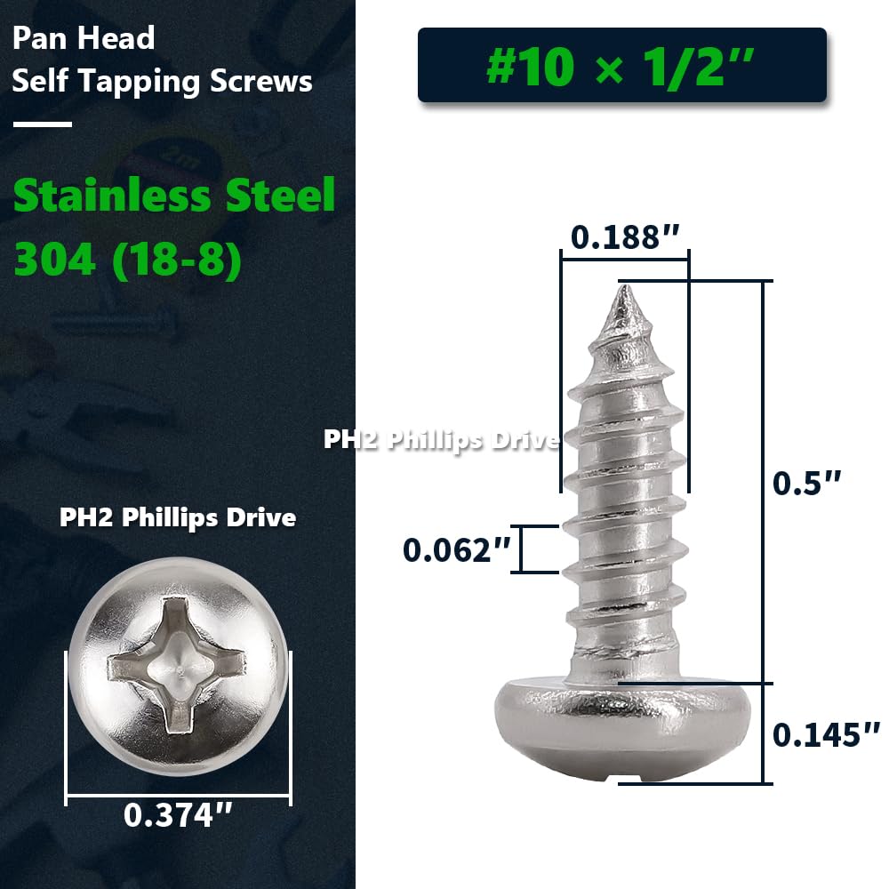 10 X 12 (100 Pack) Stainless Steel Phillips Pan Head Wood Screws, Stainless Steel 304 (18-8), Pan Head Sheet Metal Screws Self T