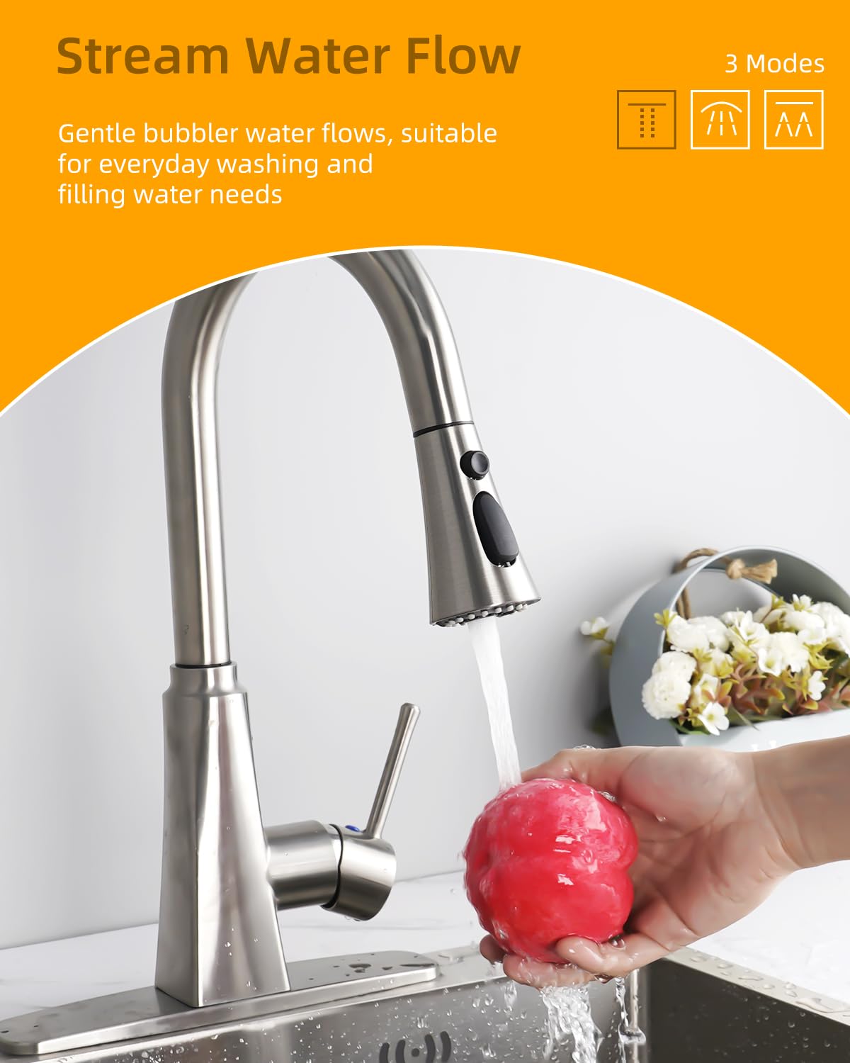 Kitchen Faucet Head Replacement  3-Function Kitchen Sink Faucet Parts with 12 Adapters  Pull Down Faucet Sprayer Nozzle Compatible with Delta  Kohler  American Standard  Moen faucets  Brushed Nickel