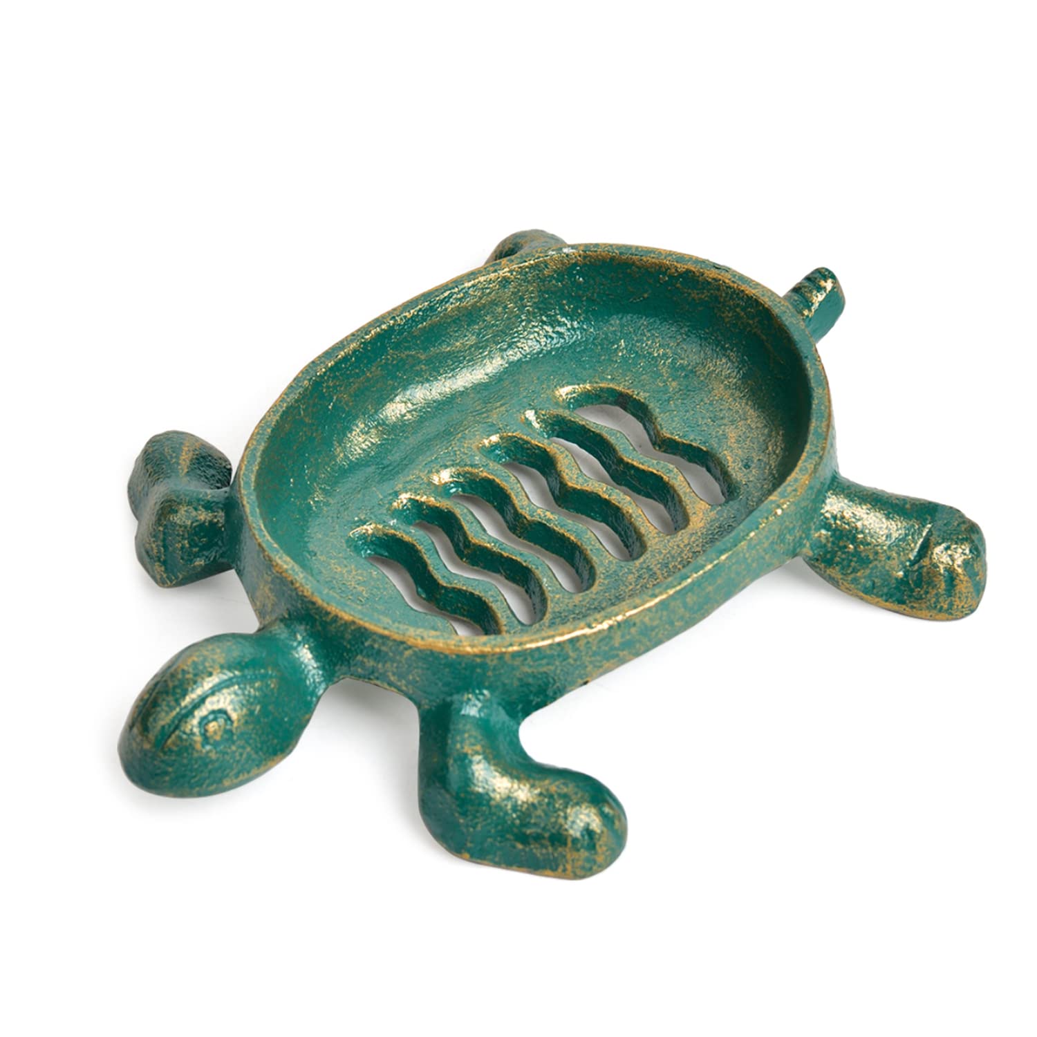 Sungmor Heavy Duty Cast Iron Drainable Soap Holder - Lovely Tortoise Shaped & Antique Green & Gold Finish - Kitchen Bathroom Sin