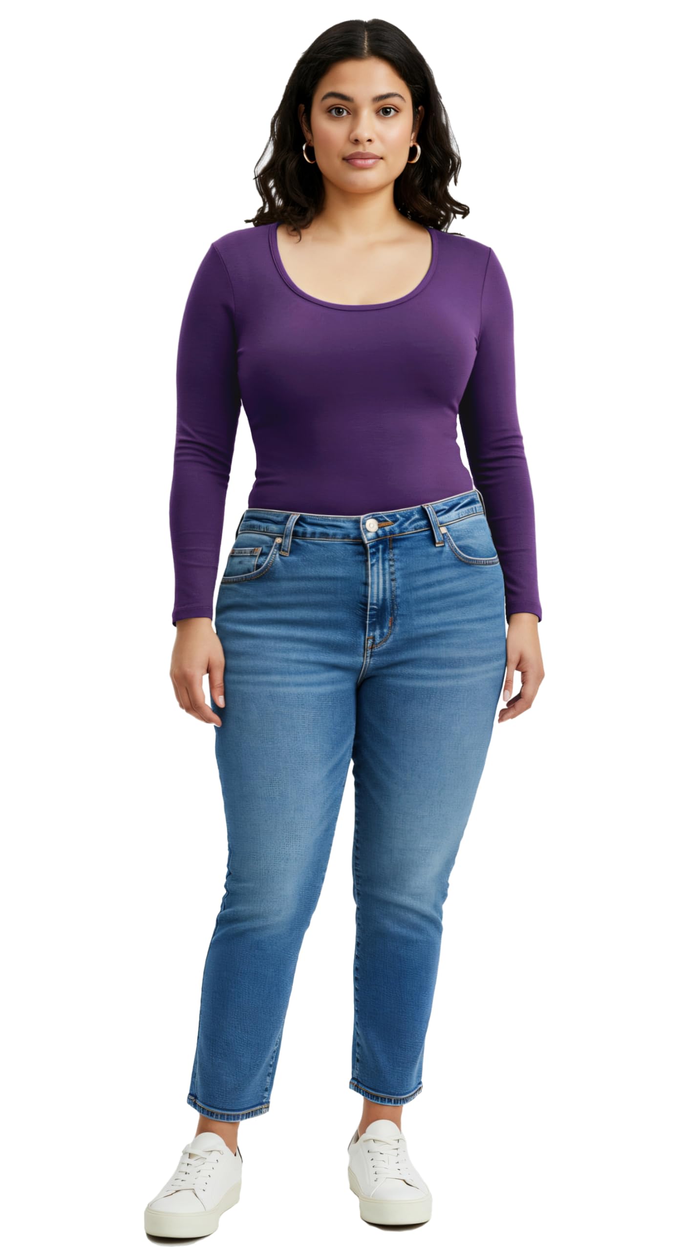 Emmalise Womens Junior And Plus Size Basic Scoop Neck Tshirt Long Sleeve Tee, Large, Violet