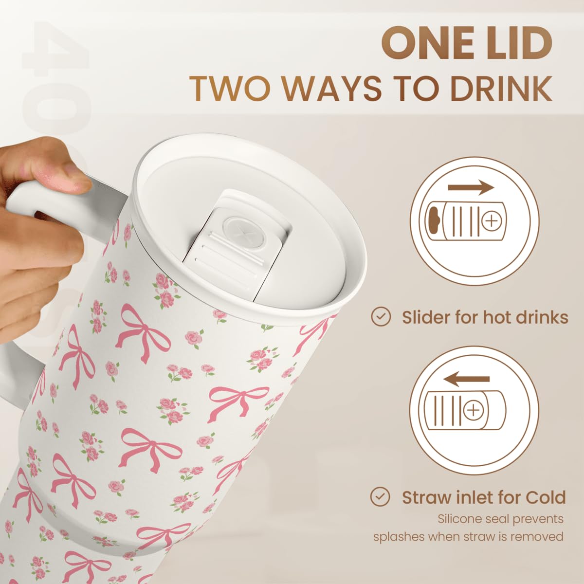 SANDJEST Bow Tumbler with Handle 40oz, Stainless Steel Insulated Tumblers Coffee Travel Cup with Slider Straw Lid, Gifts for Wom