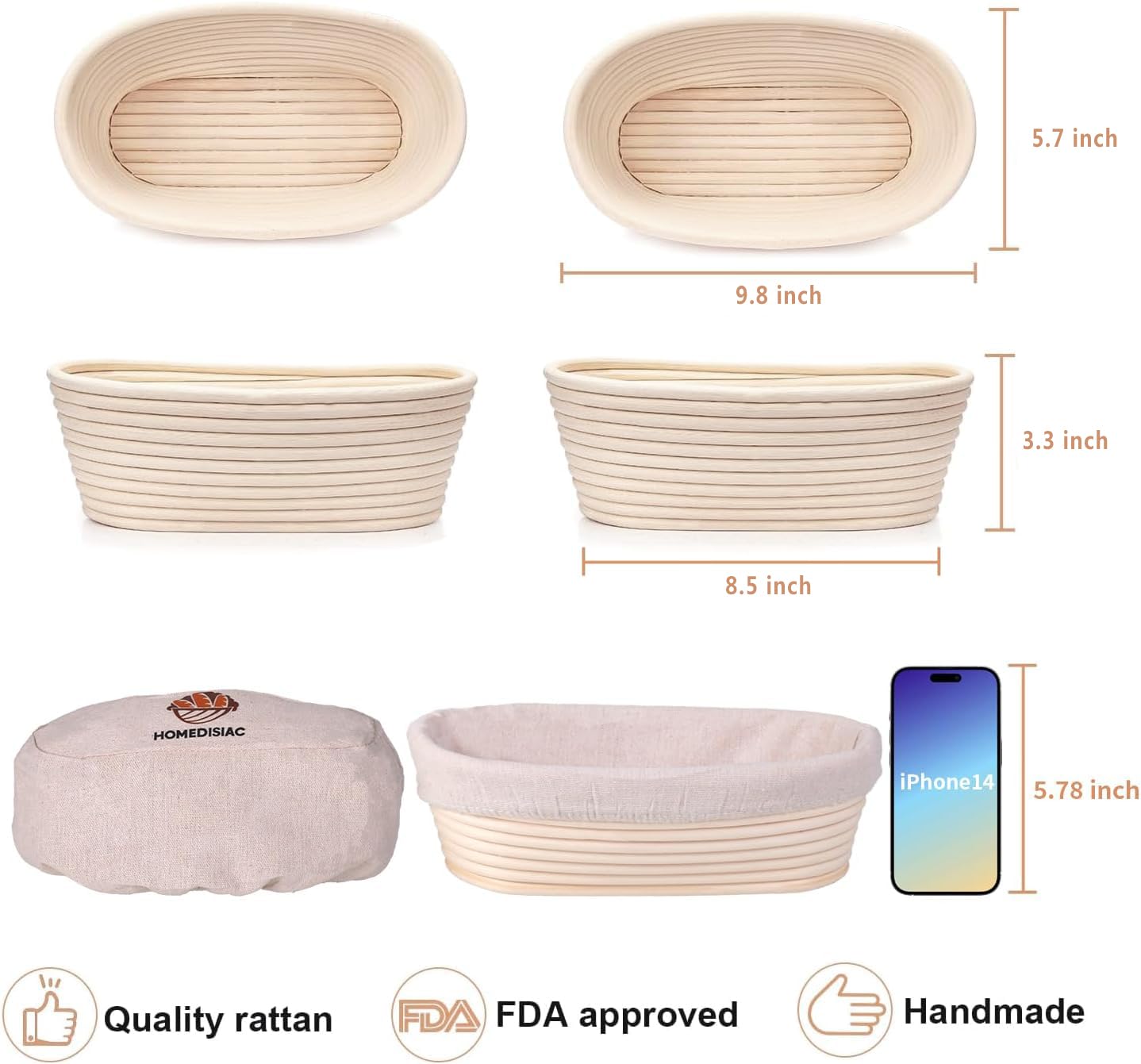 Banneton Bread Proofing Basket Set Of 2, 10 Inch Oval Sourdough Bread Baking Supplies, Bread Making Starter Kit, Proofing Basket