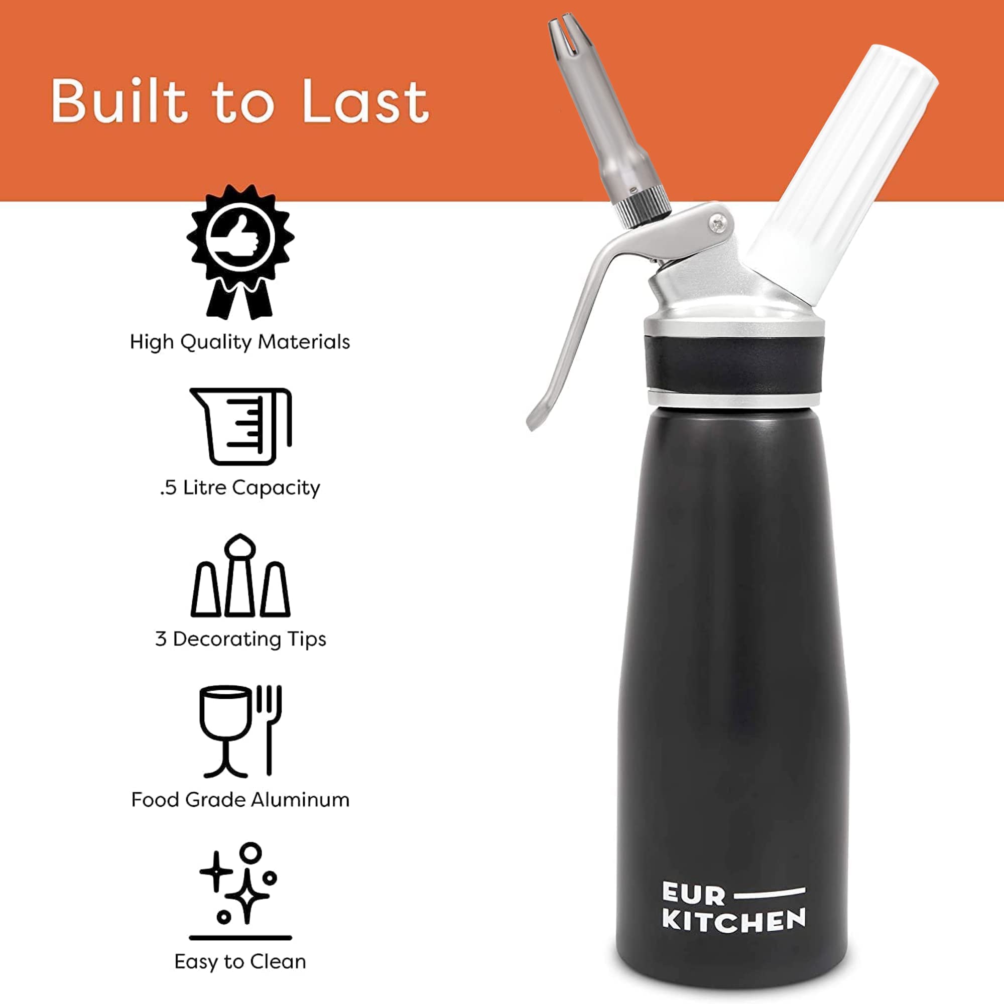 Eurkitchen Professional Aluminum Whipped Cream Dispenser - Leak-Free Whip Cream Maker Canister With 3 Decorating Nozzles & Clean
