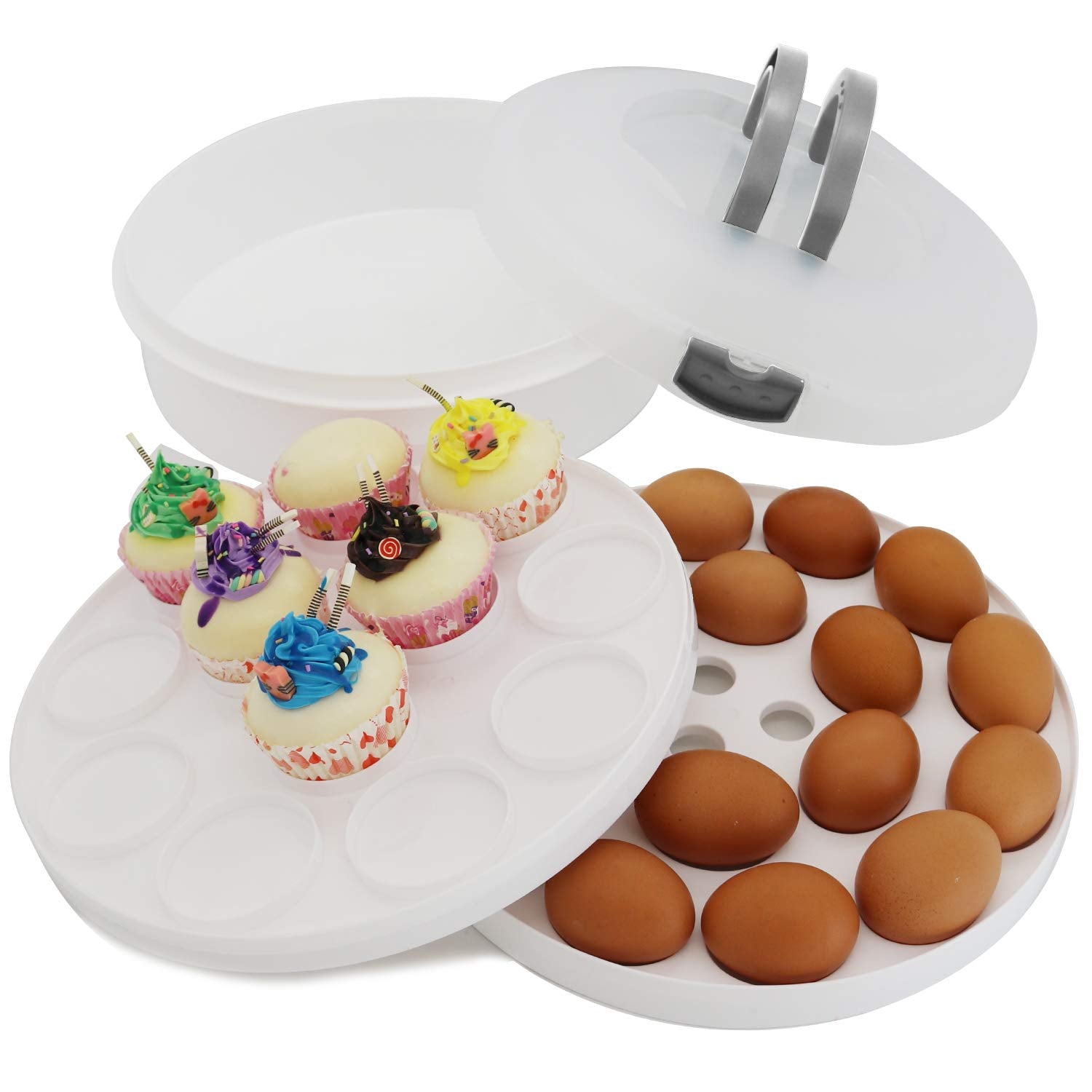 Portable Pie Cupcake Carrier With Lid And Tray 3-In-1 Round Cupcake Container Egg Holder Deviled Egg Tray Muffin Tart Cookie Foo