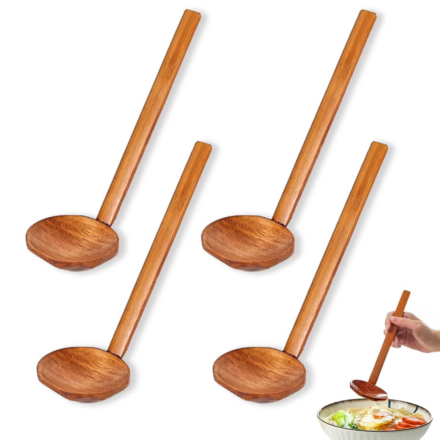 Chinese Soup Spoons Long Handle Wooden Spoons, Japanese Ramen Wooden Soup Spoons Dark Brown Wooden Serving Spoons for Soup, Coff