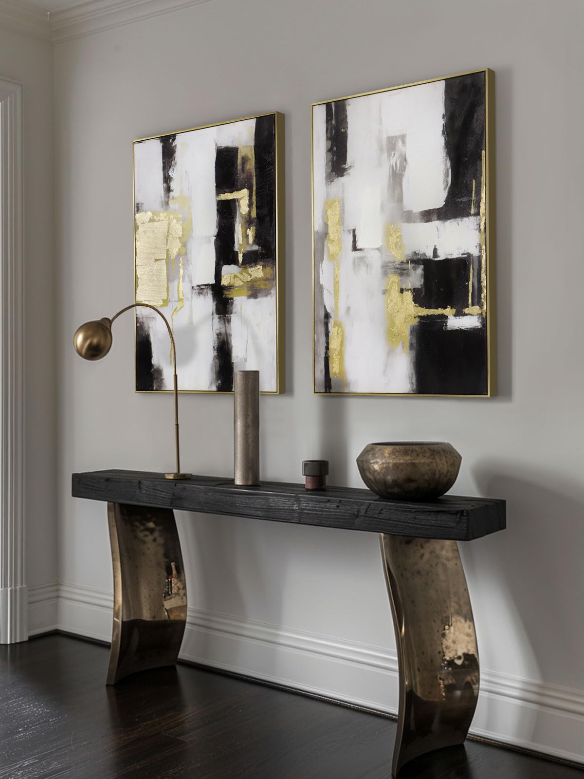 Modern Abstract Wall Art Decor- Black And Gold, 24X36 Inch X 2, Framed - Ideal For Large Living Room Or Bedroom