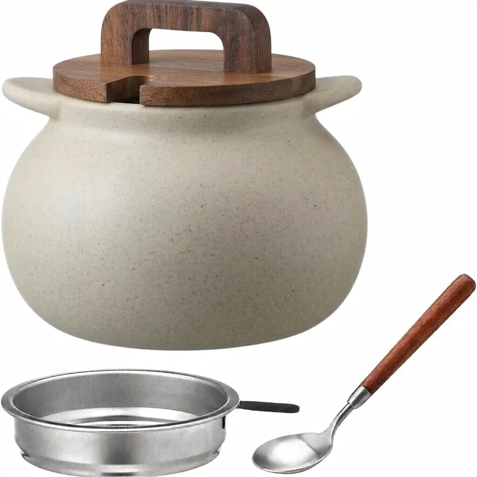 Ferrochef Ceramic Bacon Grease Container with Stainless Steel Strainer and Spoon 30oz Farmhouse Kitchen Decoration Oil Storage C
