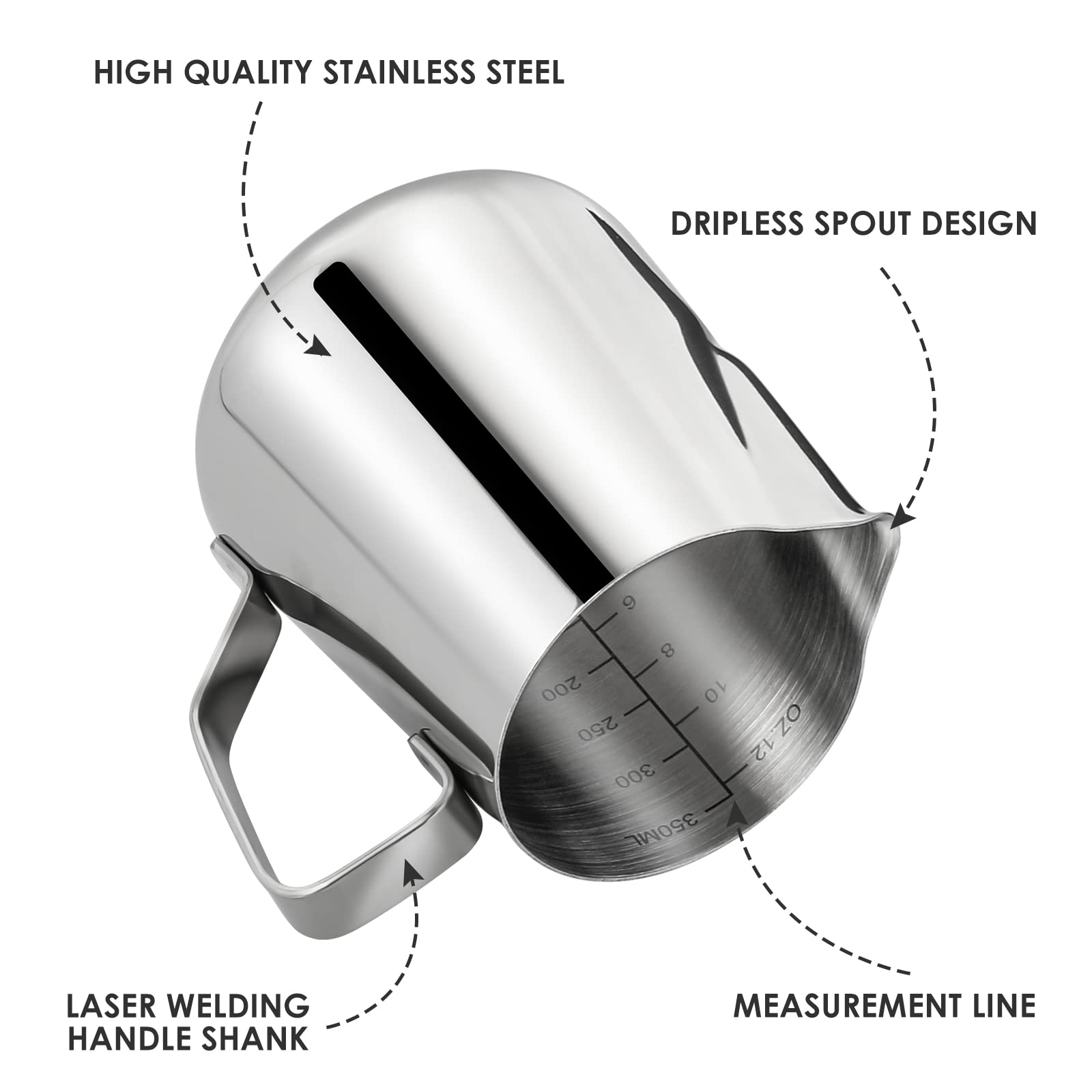 Milk Frothing Pitcher  Espresso Steaming Pitcher 12oz Espresso Machine Accessories Stainless Steel Milk Coffee Cappuccino Barista Steam Pitchers Milk Jug Cup with Decorating Pen Latte Art