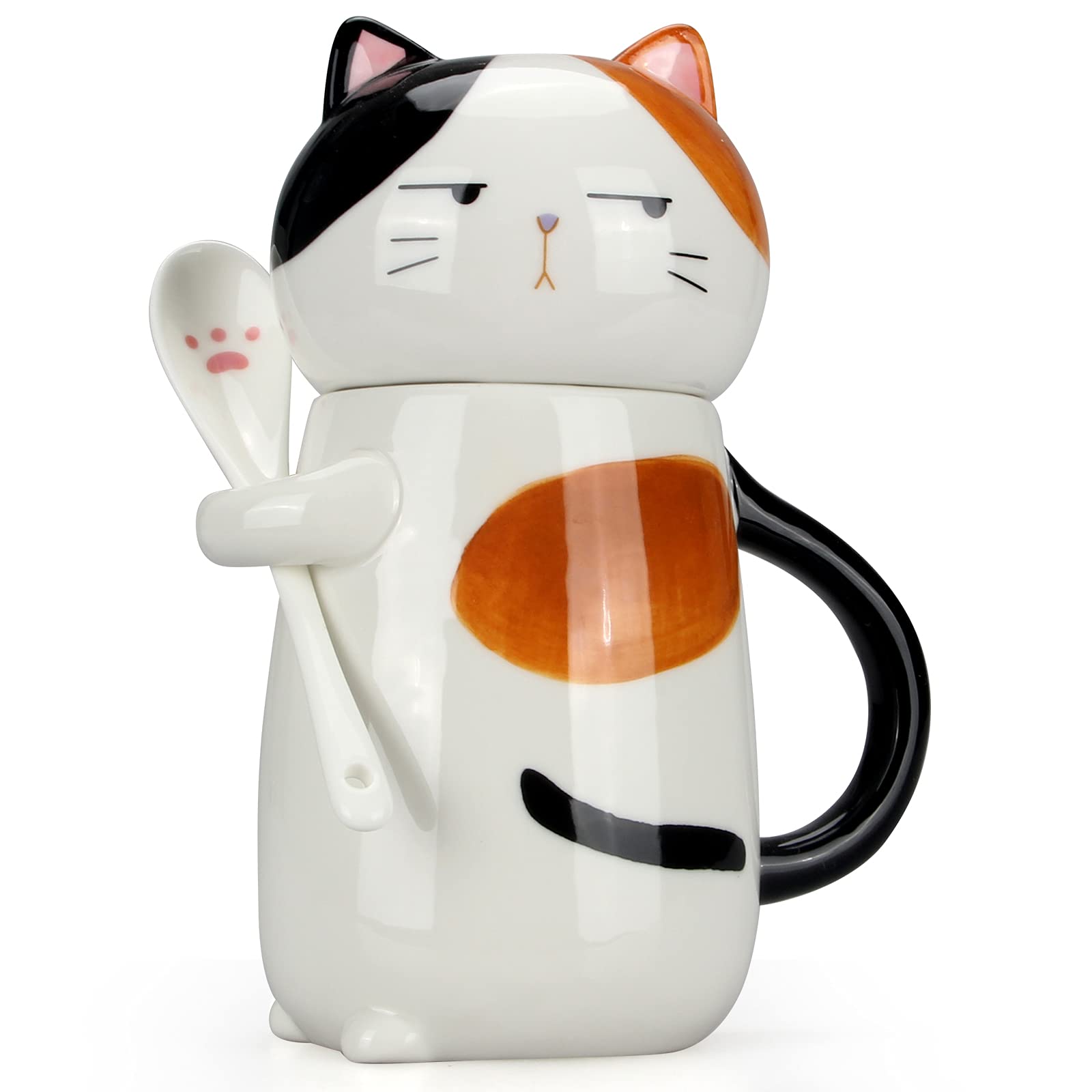 Large Cute Ceramic Coffee Mug with Lid and Spoon Fun Cat Cup for Women Ladies Unique 3D Kawaii Cat Coffee Mugs Lover Mom Gift Fu