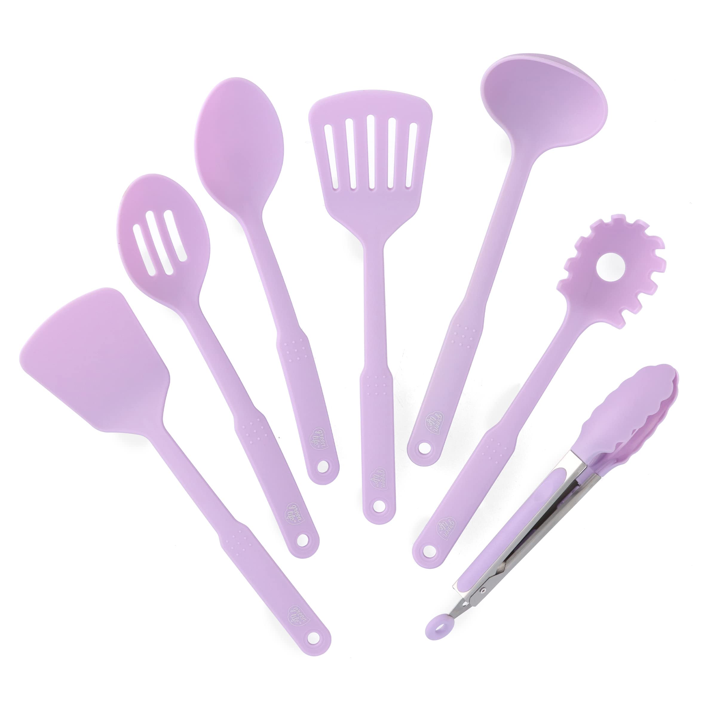 Greenlife Cooking Tools And Utensils, 7 Piece Nylon Set Including Spatulas Turner Spoons And Tongs, Dishwasher Safe, Lavender