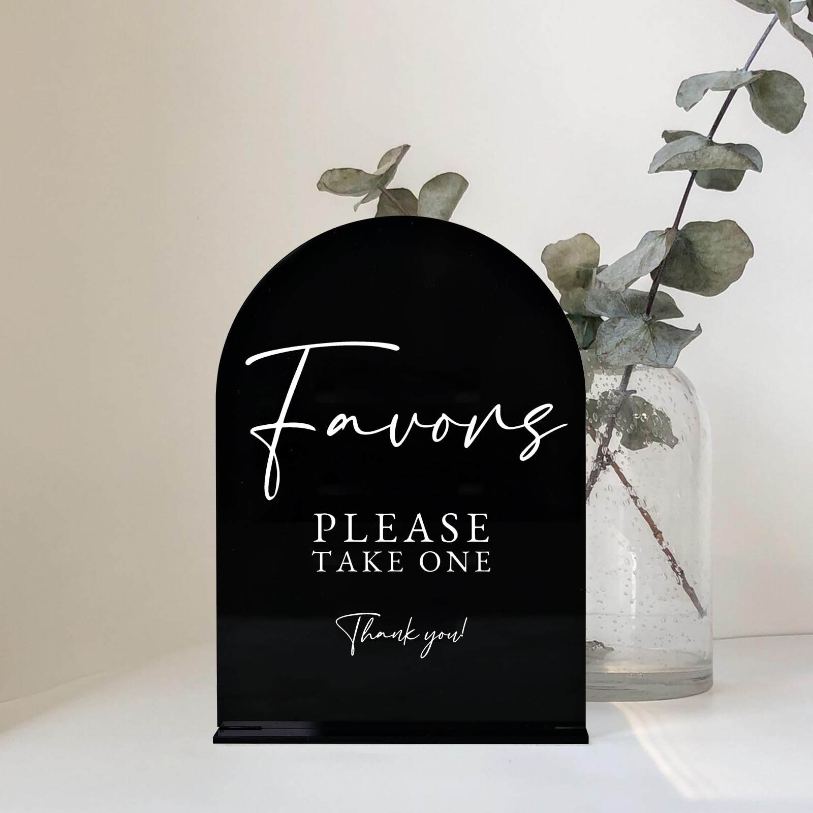 Acrylic Favors Sign with Stand- 5x7 Black Arched Wedding Sign and Base,1/8 Thick | Modern Calligraphy Arch Acrylic TableTop Sign
