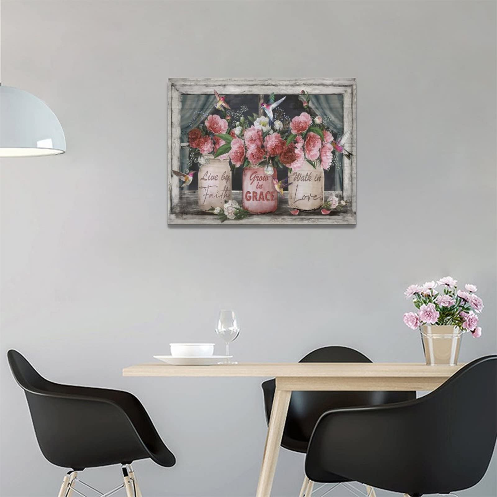 Farmhouse Canvas Wall Art Rusitc Pink Rose Wall Decor Flower Mason Jar Hummingbird Pictures Painting Prints Framed Decor Country