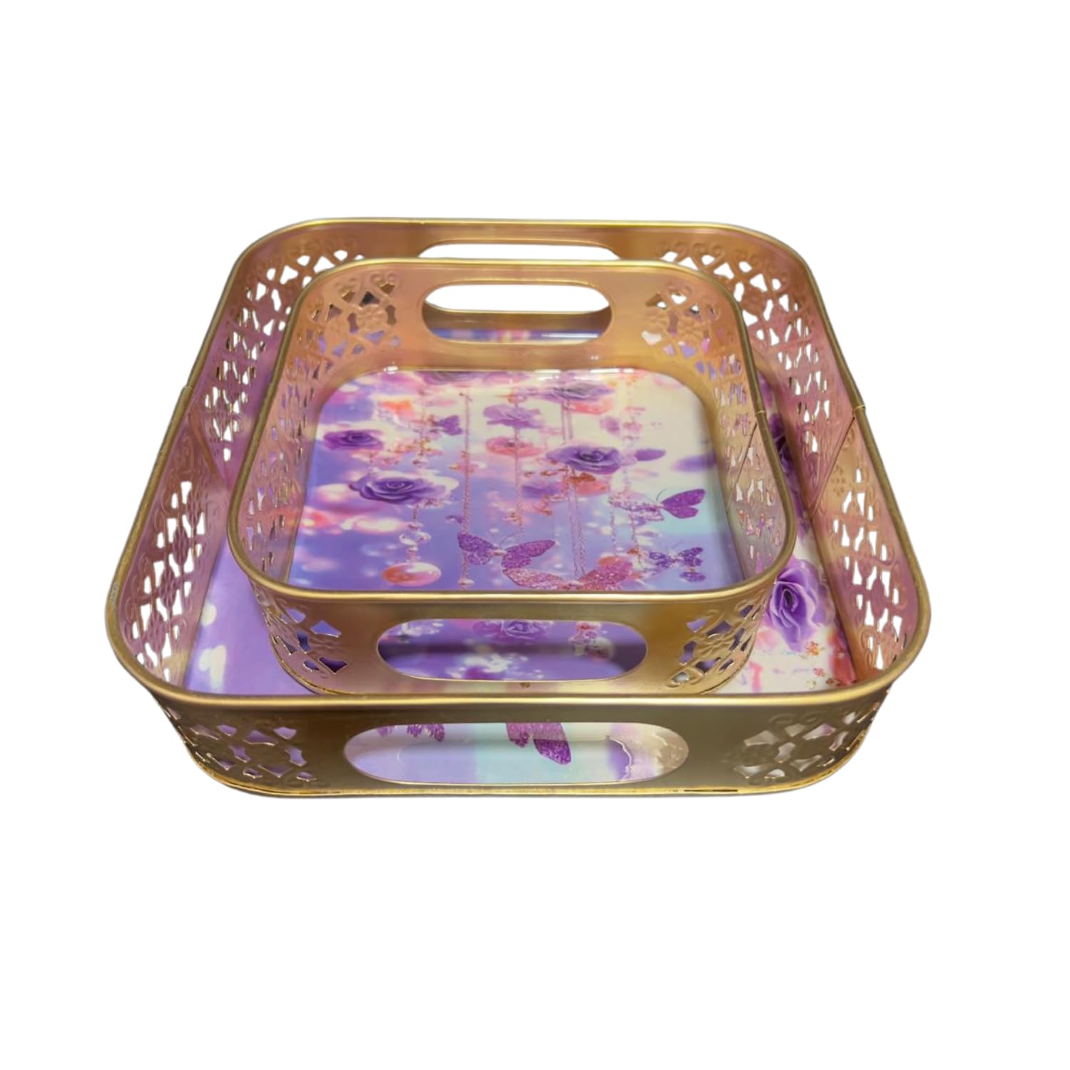 Wedone Decorative Metal Tray With Purple Butterfly Floral Print Gold Frame Multipurpose Vanity Organizer Table Tray For Home Dec