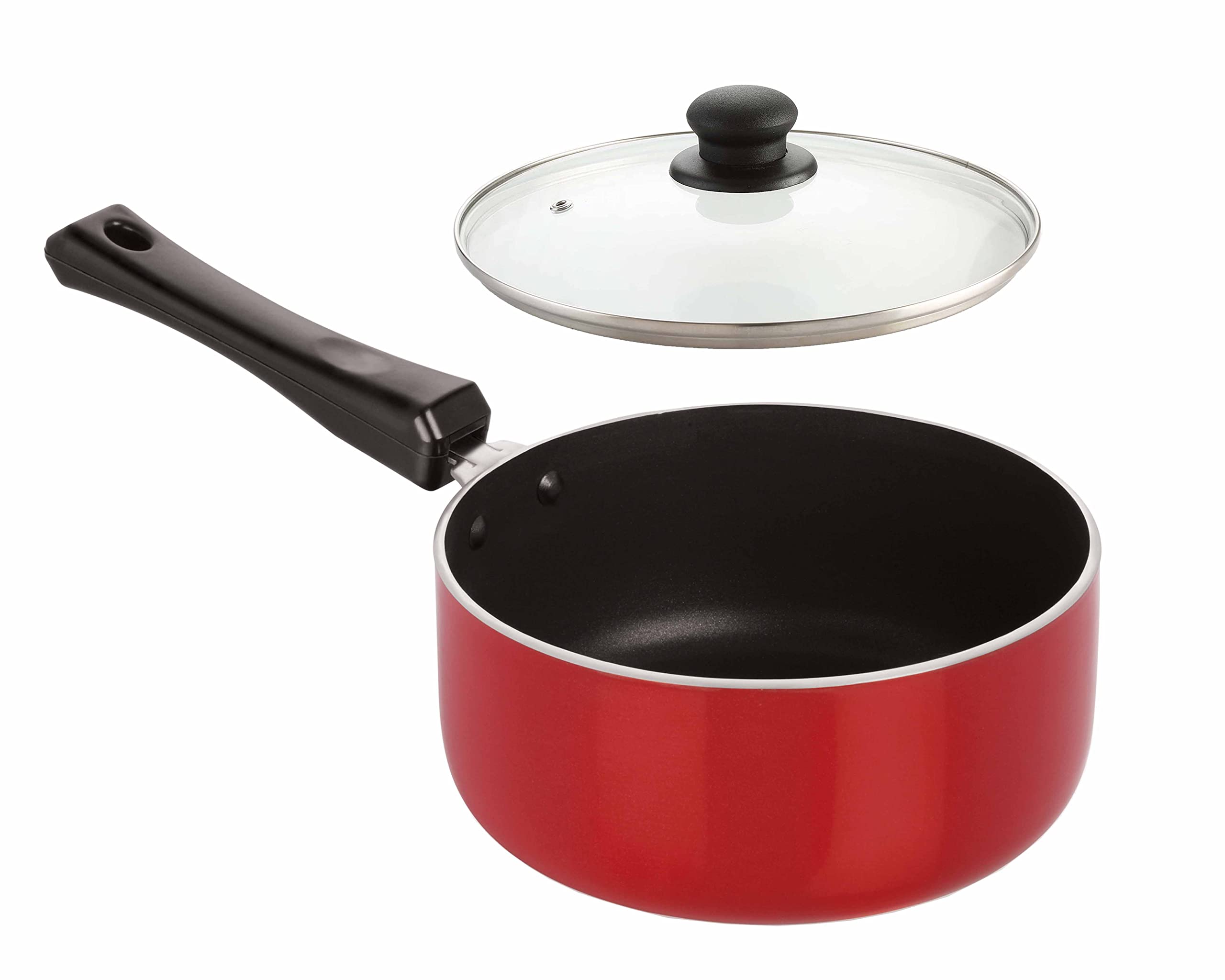 Nirlon Aluminium Non Induction Nonstick Coated Sauce Pan/Milk Pot/Tea Pan With Glass Lid, 16 Cm, Red Color, 1.2 Liter