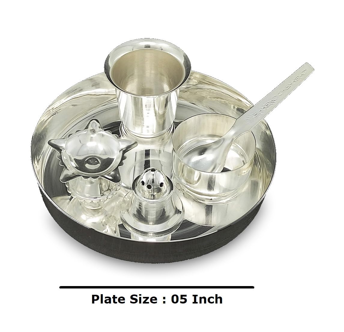 BENGALEN Silver Plated Pooja Thali Set 5 Inch Plate Diya Glass Agarbatti Stand Bowl Spoon Occasional Puja Decorative for Home Ma