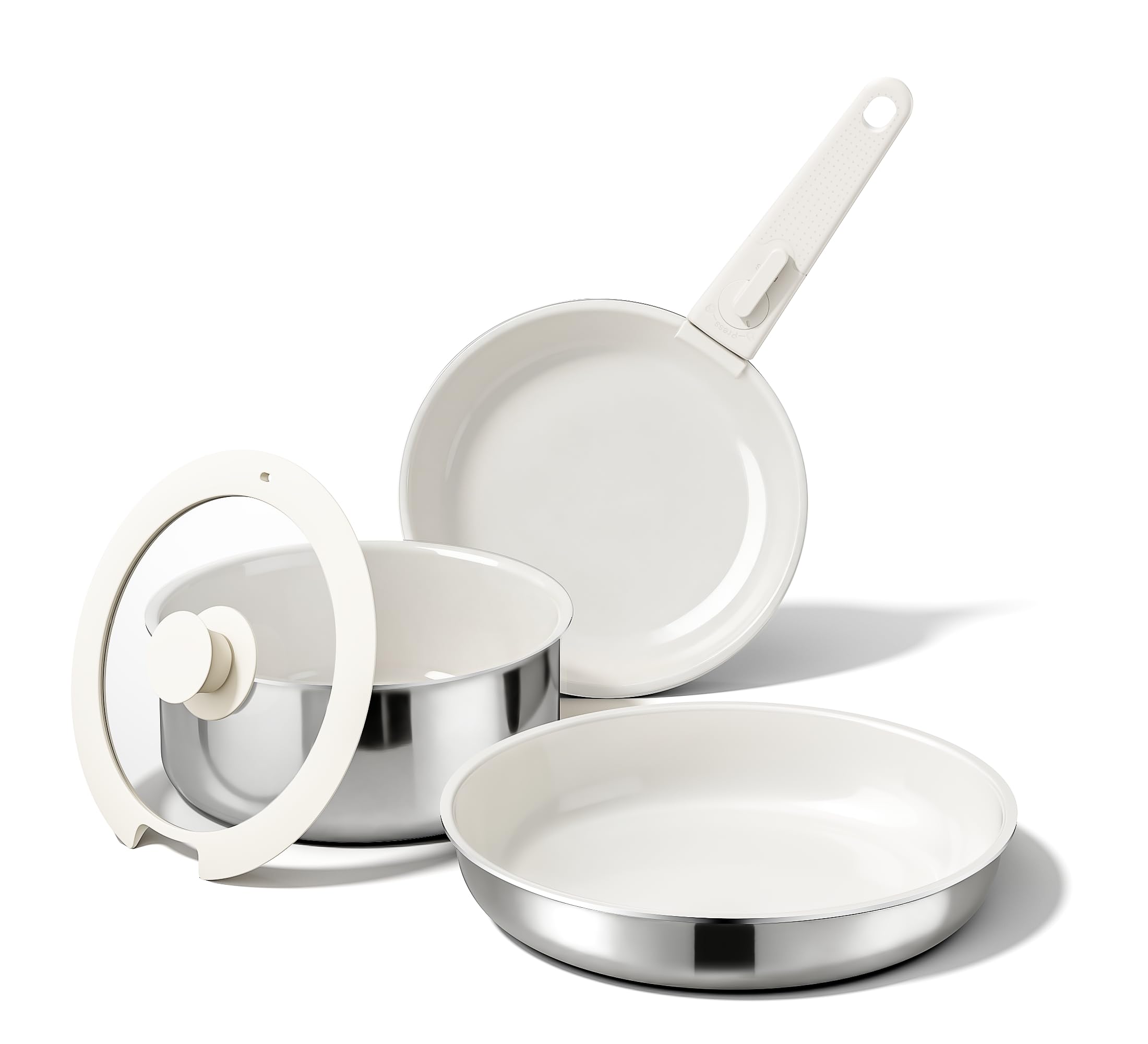 Naturepan 5PCS Pots and Pans Set Non Stick, DiamondTitanium Ceramic Cookware Set & 3 Layer Stainless Steel with Detachable Hand