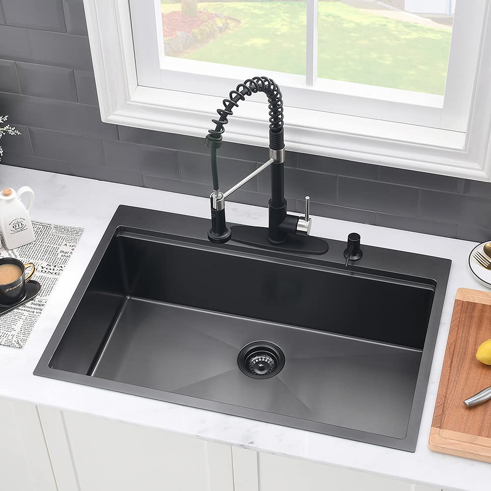33 Inch Black Drop In Kitchen Sink Workstation-Vasoyo 33X19 Kitchen Sink Drop In Black Stainless Steel Workstation Sink 16 Gauge