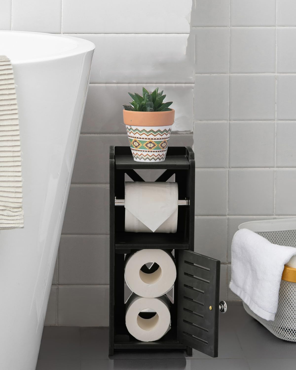 AOJEZOR Toilet Paper Holder Stand: PVC Freestanding Bathroom Cabinet Storage for Apartment Dwellers - Slim Bathroom Storage - Bl