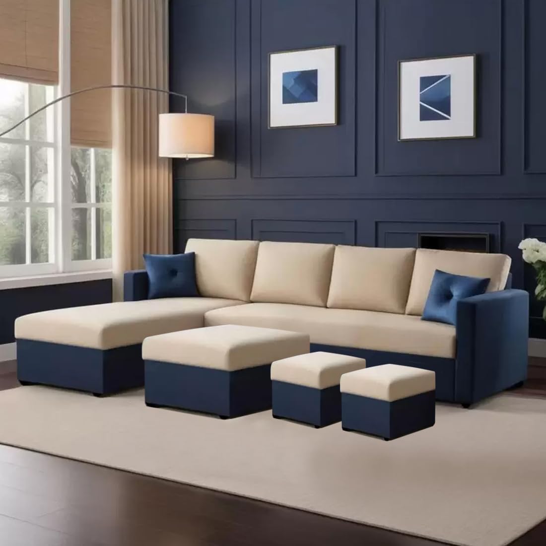 Furny Arno 8 Seater Fabric Lhs Sectional L Shape Sofa Set With 1 Centre Table & 2 Ottomans (CreamBlue)