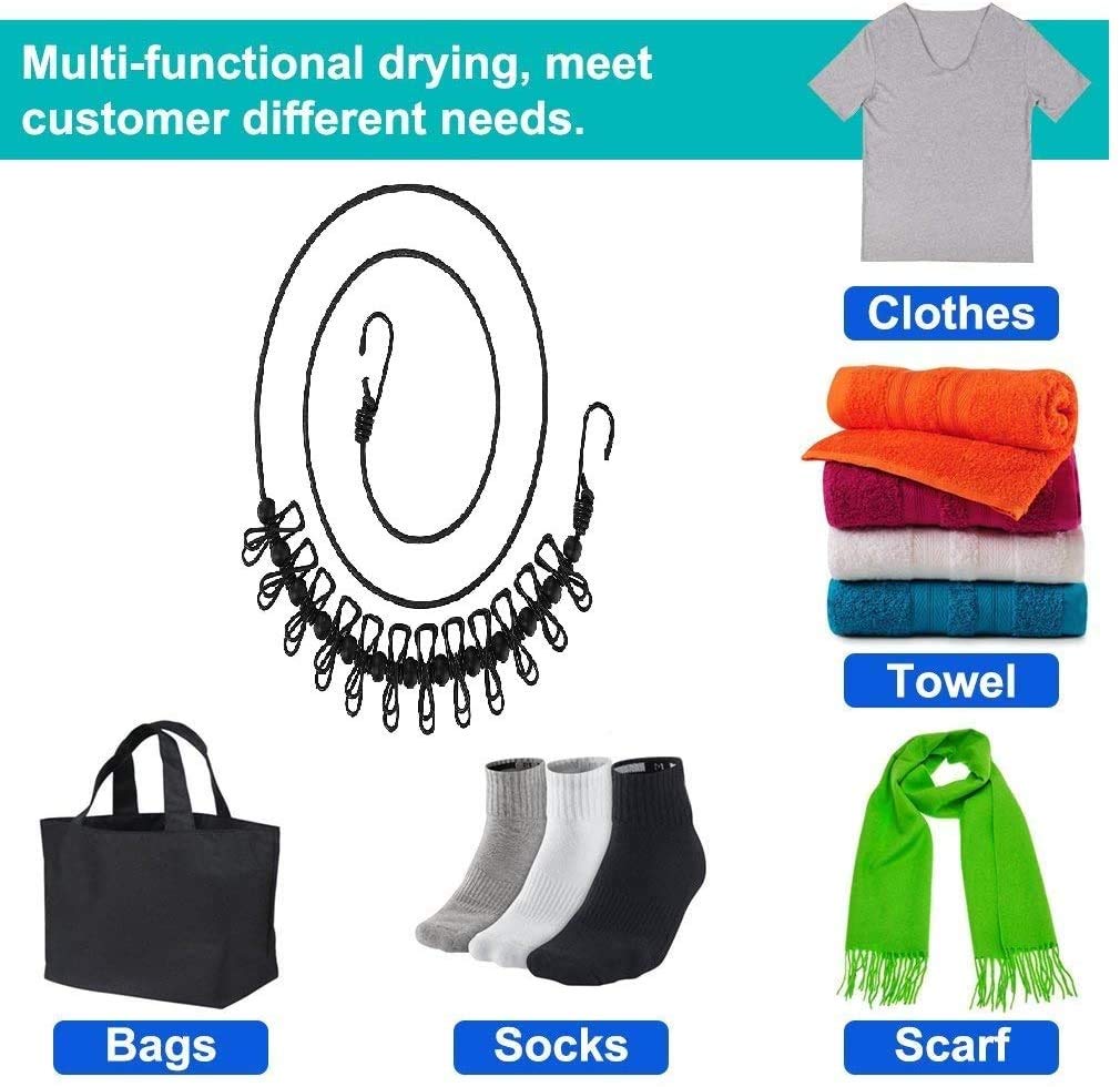 Newraturner 1 Pack Portable Clothesline With 12 Clothespins, Windproof Travel Clothesline Stretchy Retractable Elastic Laundry C