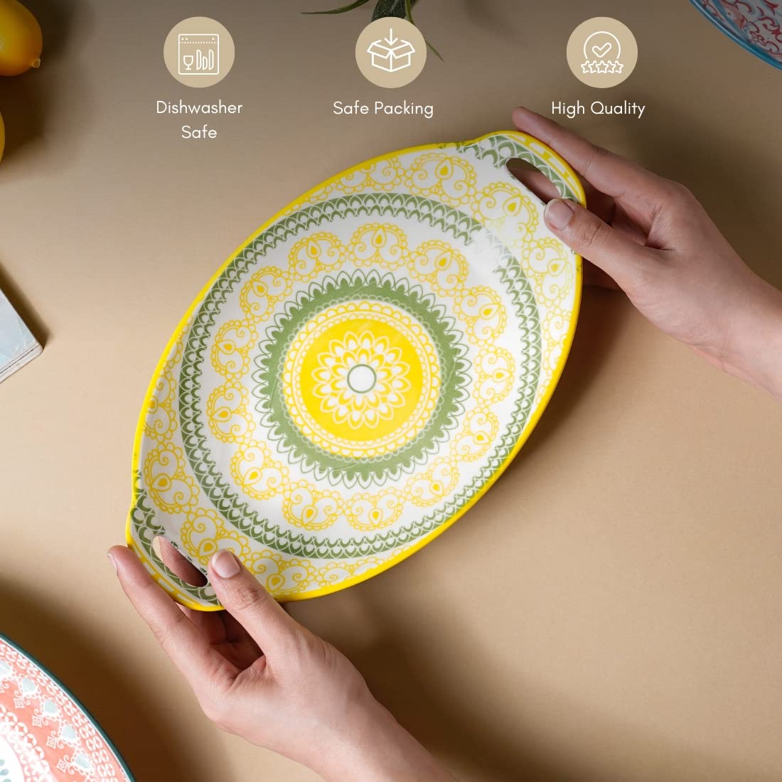 Nestasia Yellow and Green Mandala Ceramic Long Dish with Handles for Serving Snacks, Appetizers, Salads, and Noodles| Microwave