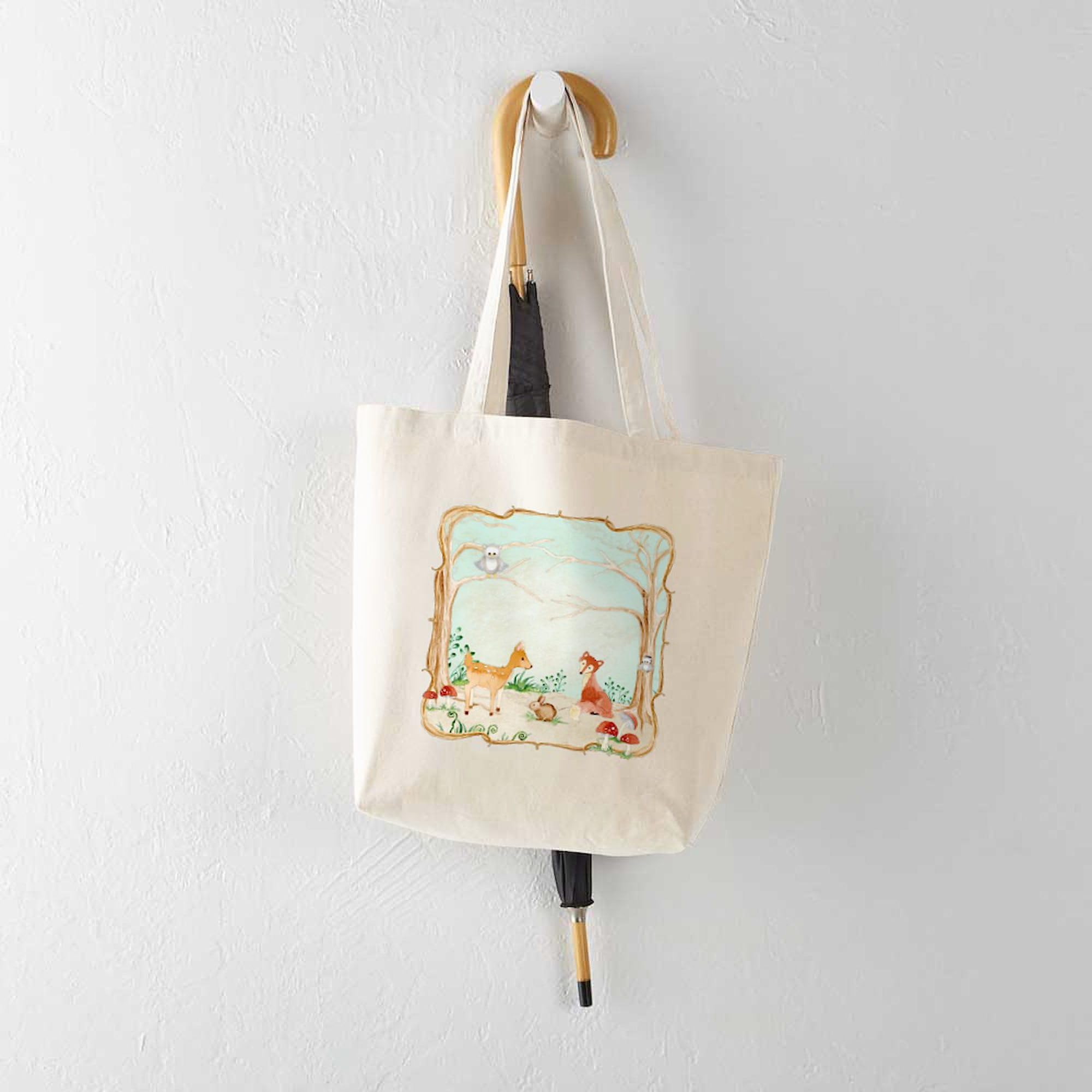 Cafepress Woodland Creatures Animals Deer Fox Rabbit Owl Art Natural Canvas Tote Bag, Reusable Shopping Bag