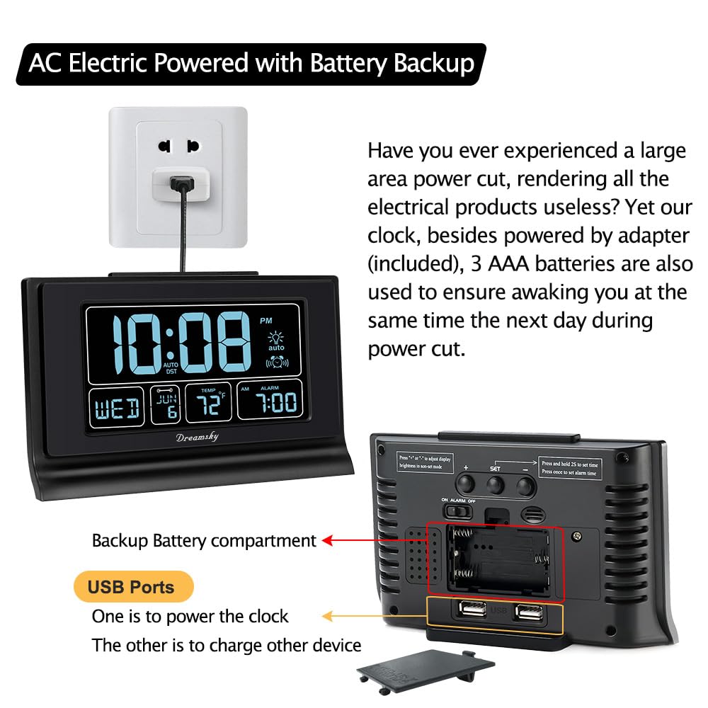 DreamSky Auto Set Alarm Clock with Humidity, Indoor Temperature, Moon Phase, Bedroom Electric Clocks with Battery Backup, Large