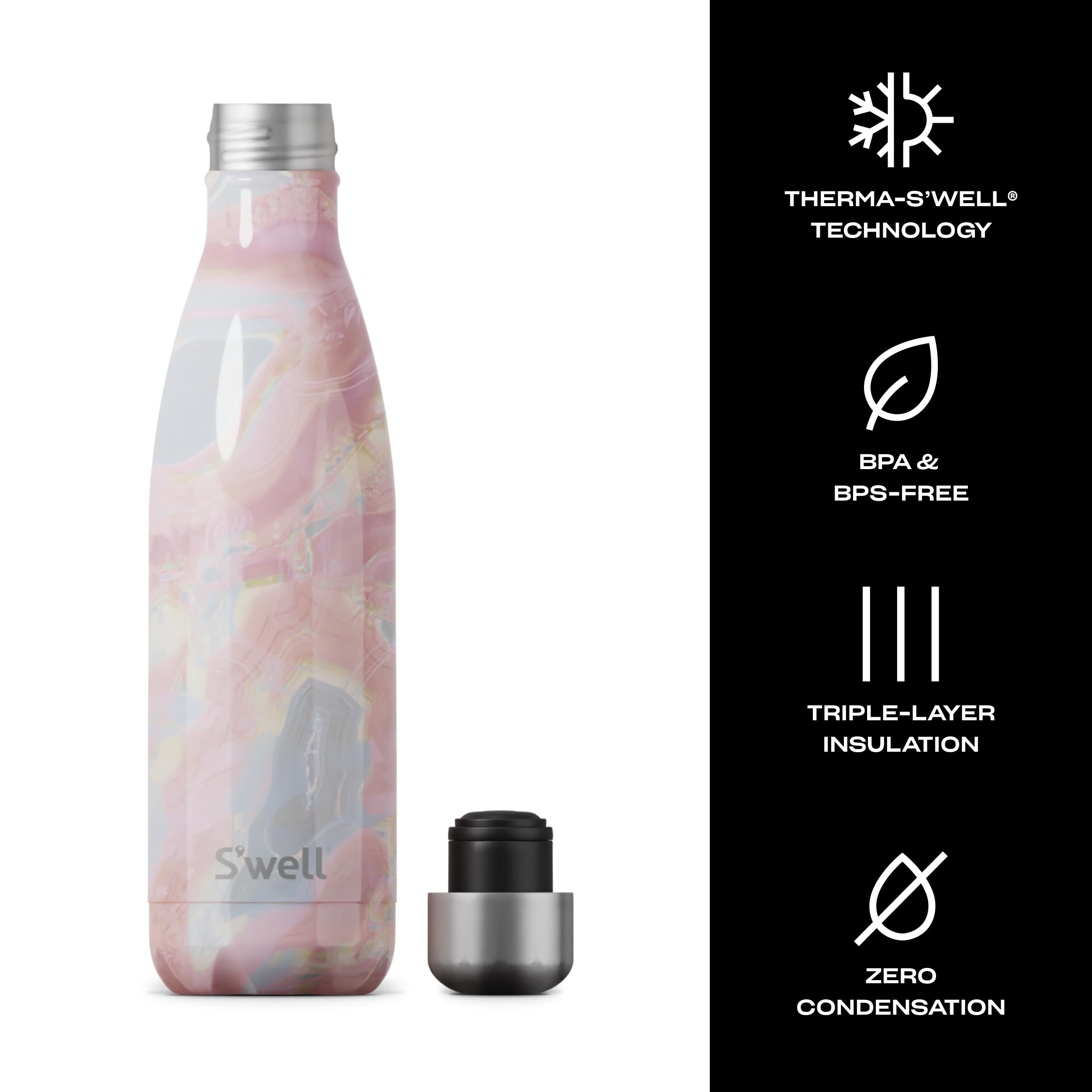 S'Well Stainless Steel Water Bottle, 17Oz, Geode Rose, Triple Layered Vacuum Insulated Containers Keeps Drinks Cold For 36 Hours