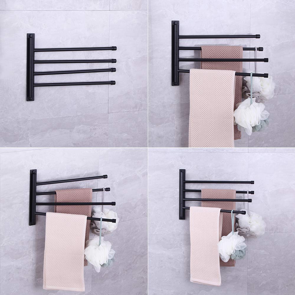Kimzcn Swivel Hand Towel Bar Bathroom Swing Hanger Towel Rack Holder Matte Black Finish, Wall Mounted, 4-Arm