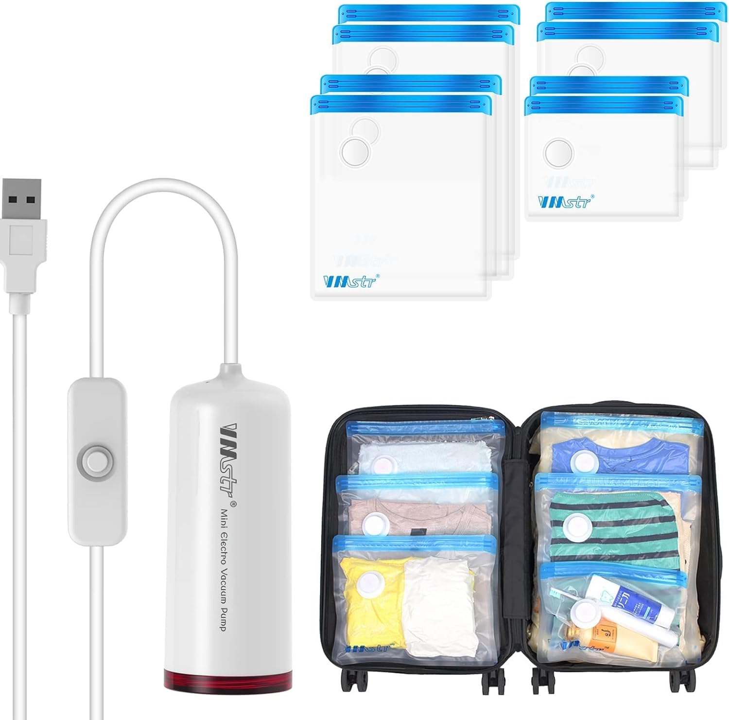 VMstr Travel Vacuum Storage Bags with Electric USB Pump - 8 Combo Size, Polypropylene & Polyamide Material