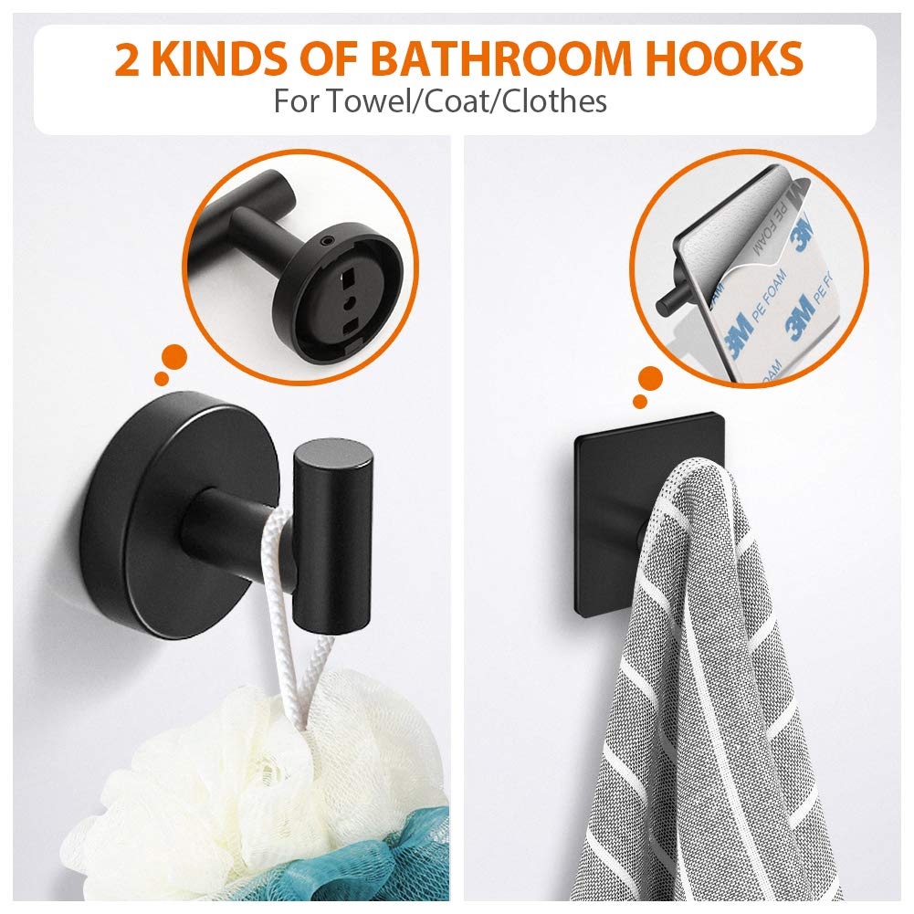 Tudoccy 5-Pieces Matte Black Bathroom Hardware Set SUS304 Stainless Steel Round Wall Mounted - Includes 16'' Hand Towel Bar  Toilet Paper Holder  3 Robe Towel Hooks Bathroom Accessories Kit