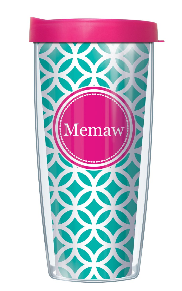 Pink Memaw Insignia Wrap On Teal And White Roundabout W/Hot Pink Lid Tumbler Cup 16 Oz | Fantastic Temperature Retention, Therma