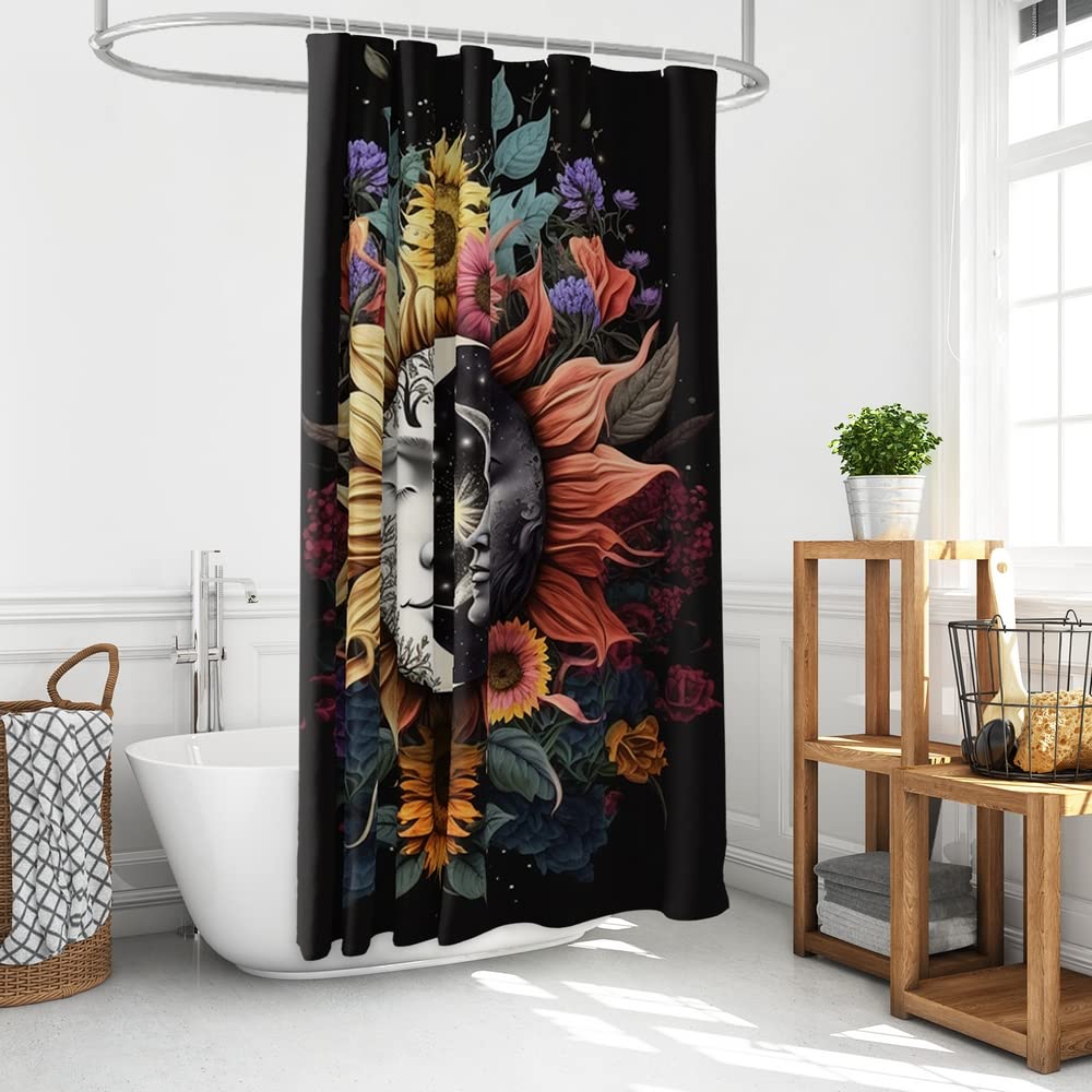 Reateforin Boho Mid Century Shower Curtain Celestial Sun Moon Love Stars Fantasy Galaxy Mushroom Shower Curtains Sunflower Plant
