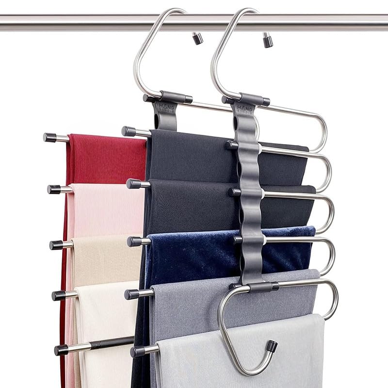 Flymore 5 In 1 Stainless Steel Foldable Hangers For Clothes Hanging MultiLayer MultiPurpose Pant Hangers For Wardrobe Magic Fo