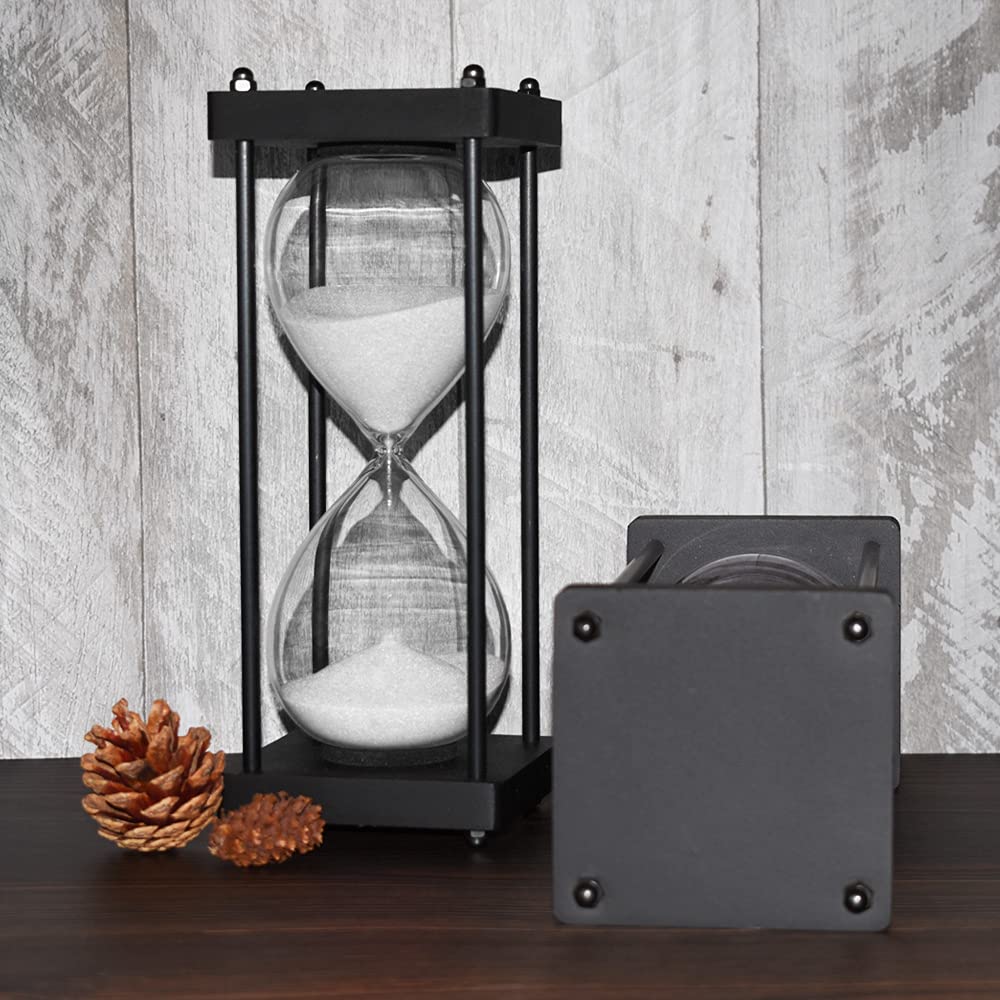 Hourglass Timer 60 Minute, Black Wooden Frame Decorative Sand Timer (White Sand, Large Size)