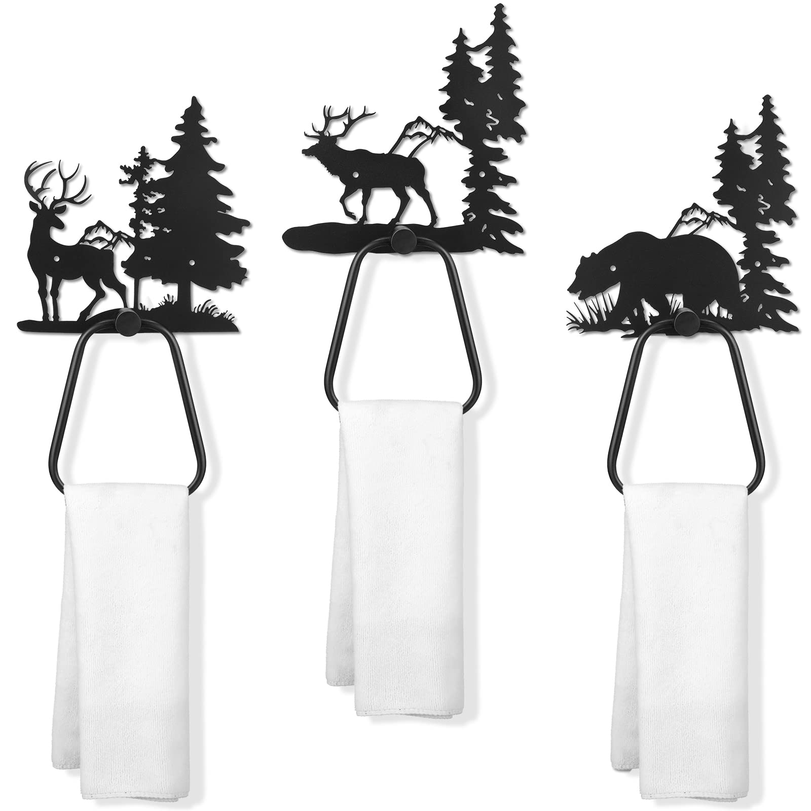 Peryiter 3 Pcs Bear Towel Holder Bathroom Bear Hand Towel Holder Black Deer Towel Ring Rack Bathroom Wall Decorations Summer Rus