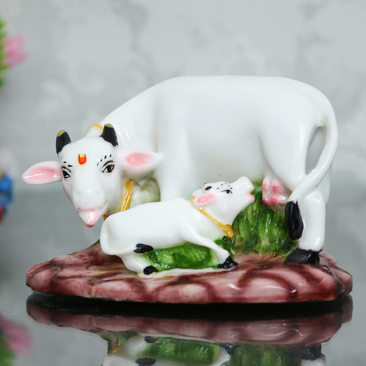 Ecraftindia Colorful Cow And Calf Statue Polyresin Statue (12.5 Cm X 7.5 Cm X 7.5 Cm, White And Green)