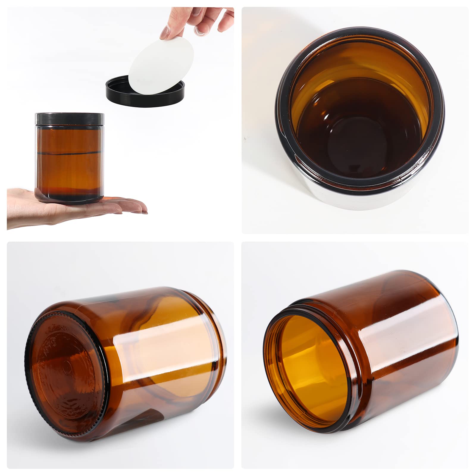 Ekkovla 24 Pack 8 Oz Amber Round Glass Jars With 24 Black Lids, Candle Making Jar, Empty Refillable Cosmetic Containers For Loti
