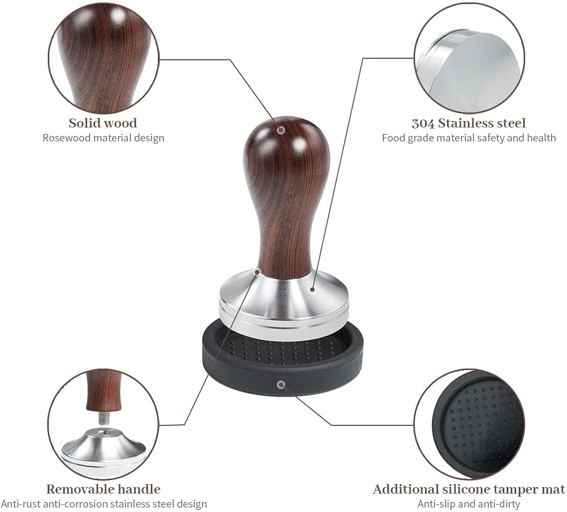 Coffee Tamper Espresso Press With Tamper Mat 304 Stainless Steel Flat Base Wooden Handle For Coffee Grounds Barista Espresso Mac
