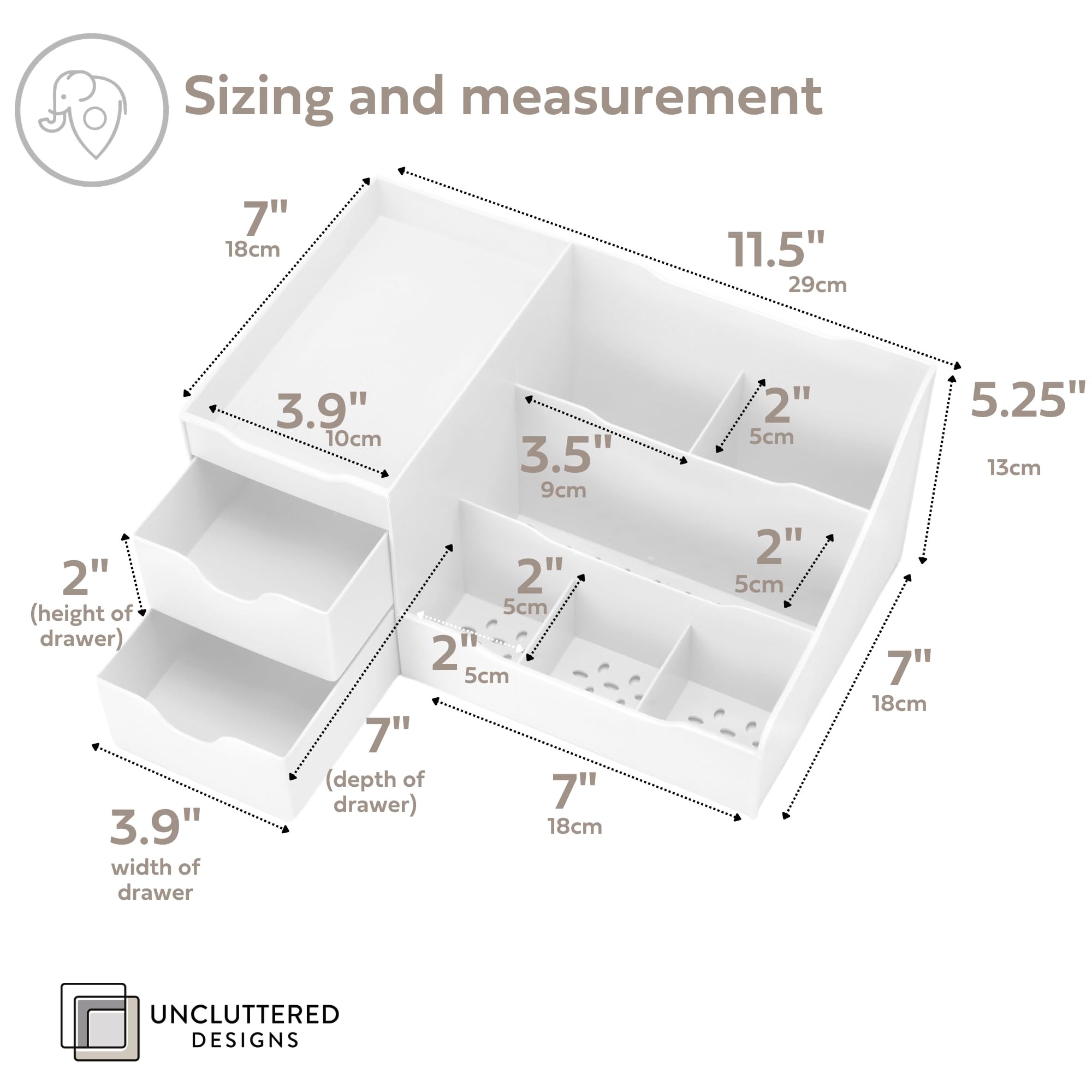Uncluttered Designs White Makeup Organizer With Drawers-Modern Countertop & Bathroom Sink Storage-Small Dresser Cosmetic Holder for Beauty  Hair  Perfume & Skincare-Girl Vanity Toiletry Tool Caddy