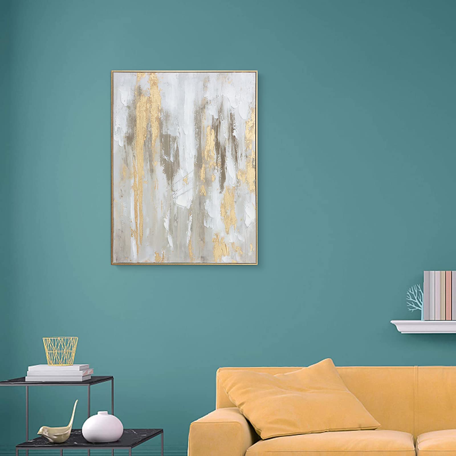 Gold Abstract Wall Art Decor - Framed Abstract Canvas Artwork With Gold Foil And Texture For Modern Style Decor, Ready To Hang