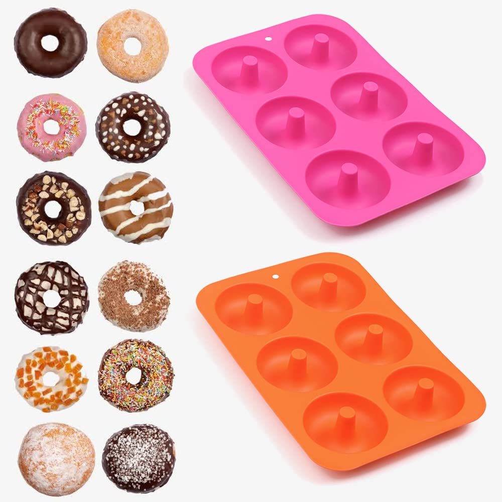 Newk Silicone Donut Pan, 6 Cavity Non-Stick Silicone Donut Mold For Donuts, Bagels - Set Of 4, Blue+ Light Green+ Rose Red+ Oran