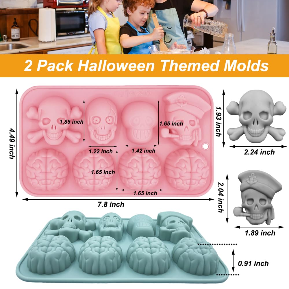 2 Pack Halloween Chocolate Molds 3D Skull And Brain Halloween Themed Baking Mould Tray Diy Baking Tool For Chocolate Cake Desser