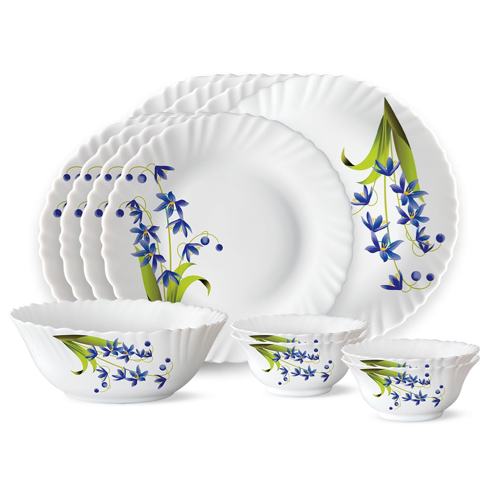 Larah By Borosil Fluted Series Lavender Opalware Dinner Set | 13 Piece For Family Of 4 | Microwave & Dishwasher Safe | BoneAsh 