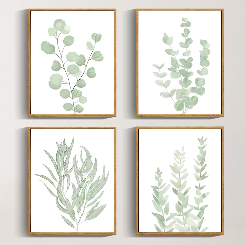 Drsoum Framed Botanical Plant Canvas Wood Wall Art Light Green Sage Wall Decor Eucalyptus Leaf Picture For Bedroom Living Room B