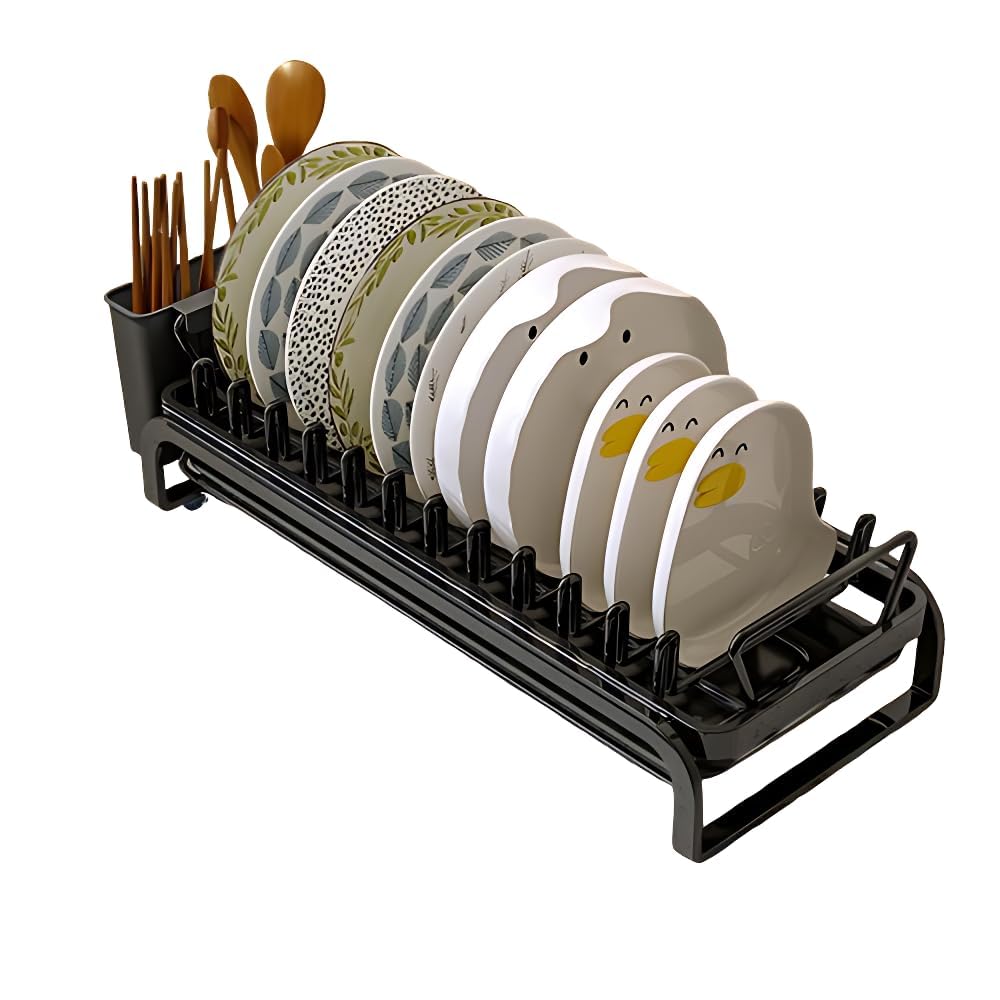 D Neks Kitchen Plate Storage Rack, Pull Out Basket Drawer Organiser With Drain Tray, Cabinet Mounted Dish Drying Rack, 42X18X7.2