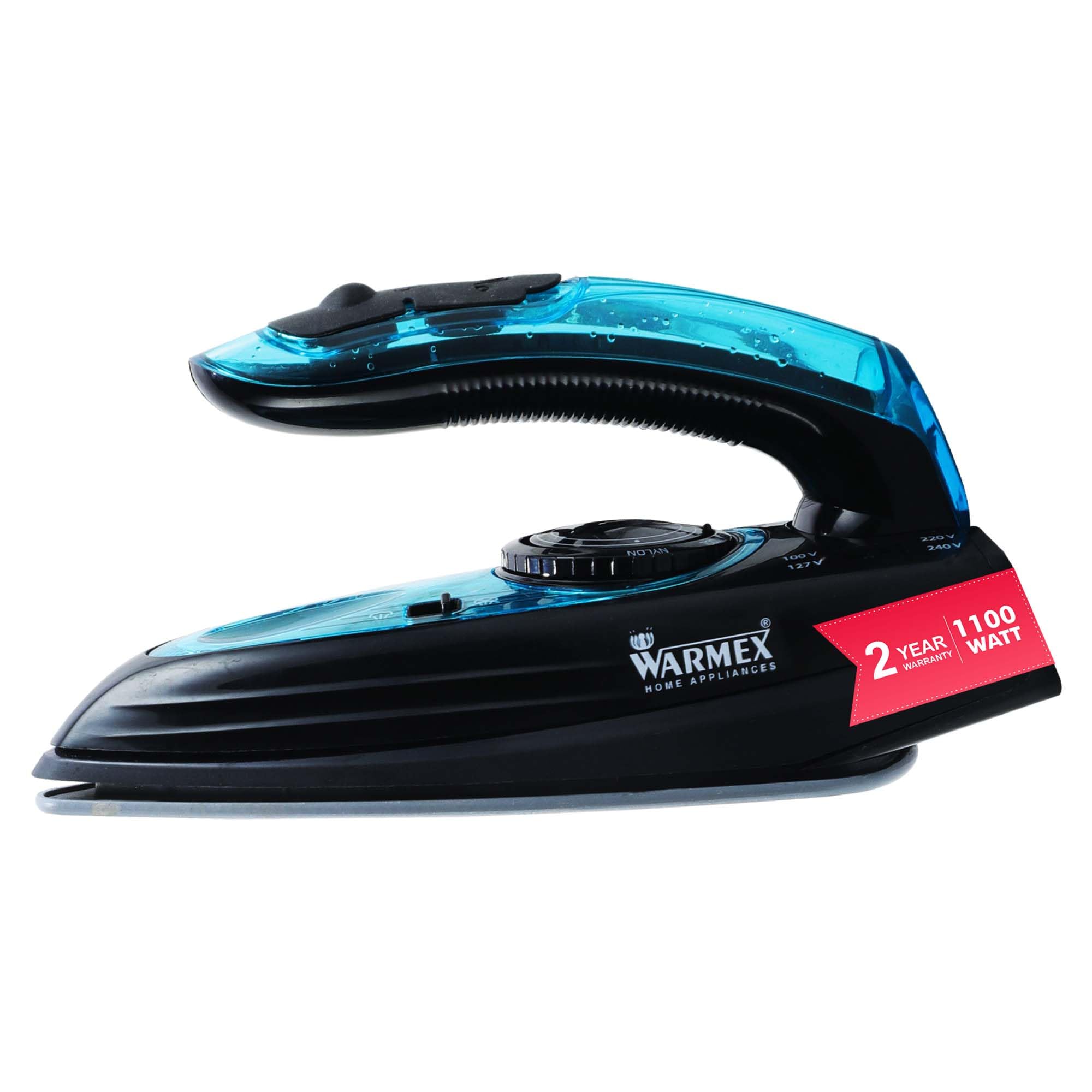 Warmex 1100W Mini Portable Travel Wet & Dry Steam Iron For Clothes With Foldable Handle, Black & Blue, Dual Voltage 100V240V