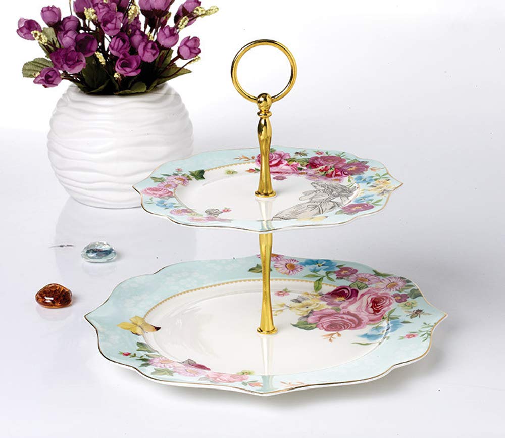 Linlins Elegant Bone China Rose Pattern 2-Tier Cake Stand/ Cupcake Stand/ Pastry Serving Cake Stand In Gift Box
